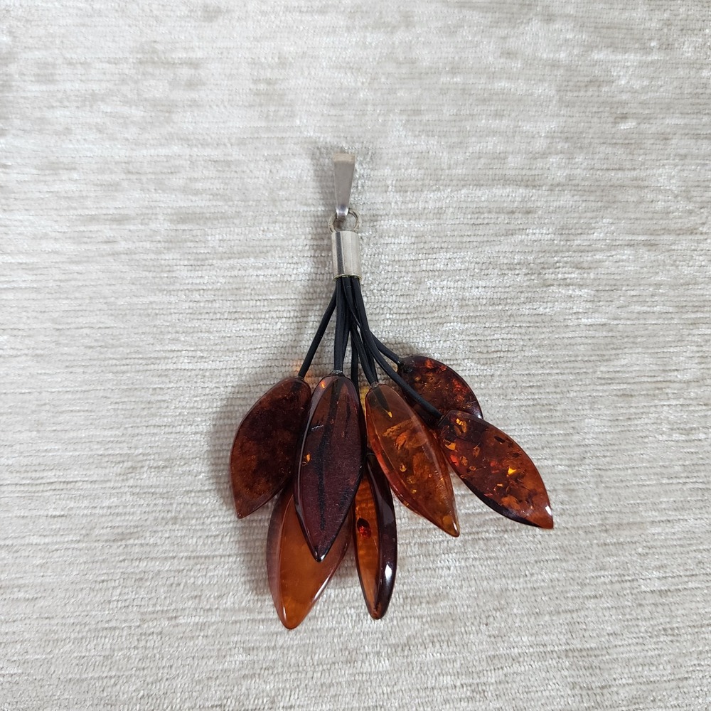 Baltic amber pendant with multiple leaf-shaped stones 2.7" sterling silver clasp